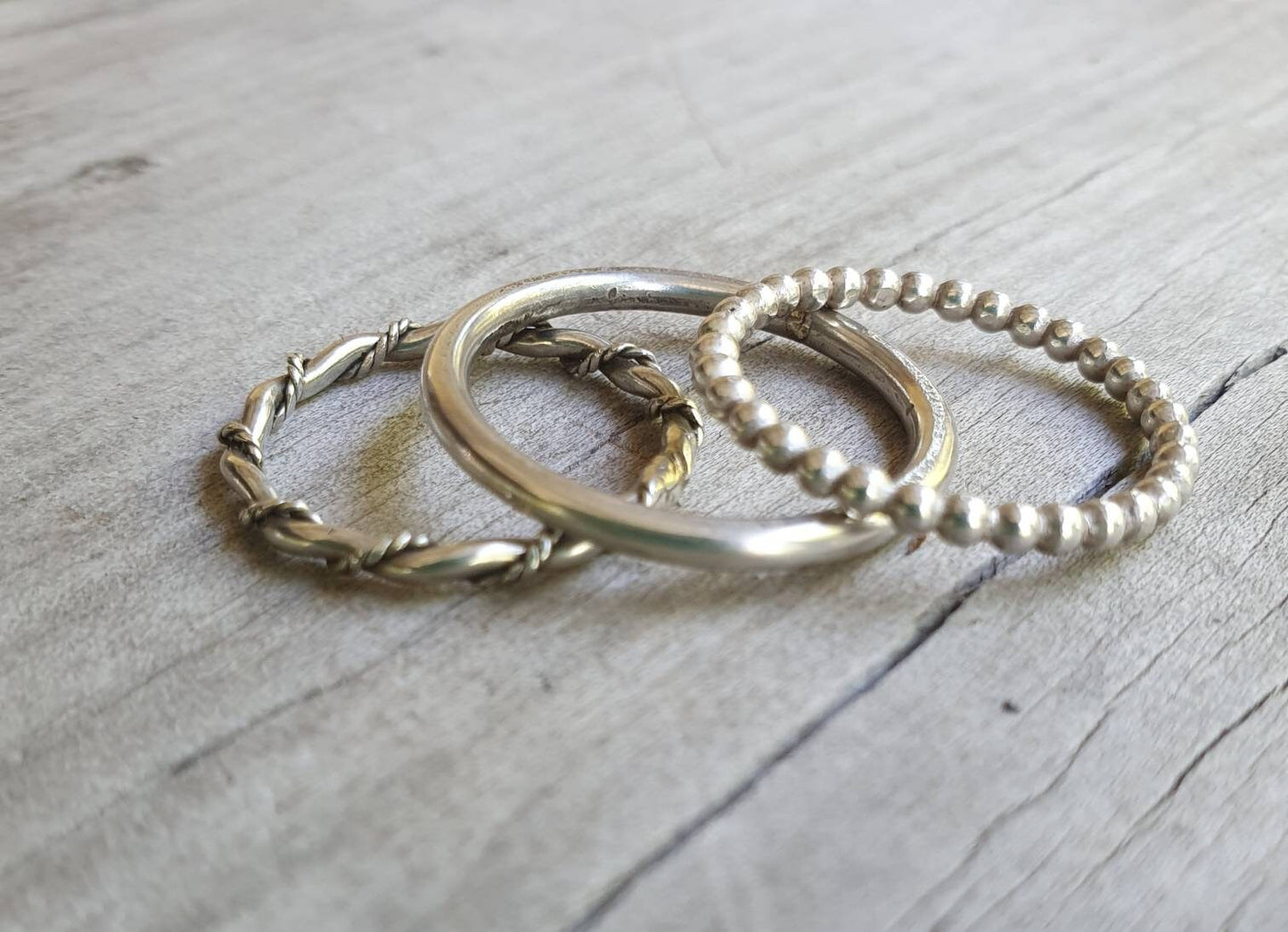 stacker rings,3 x piece set,2mm bands,ball patterened,plain band, twisted wire and vintage scroll,woven silver ring