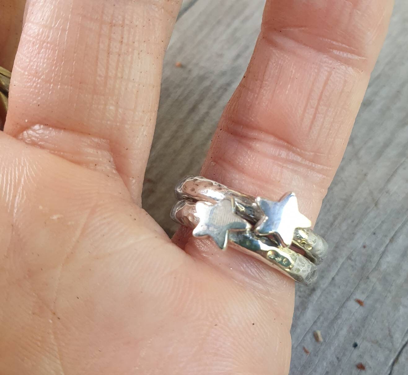 Star ring,hammered sterling silver,stacker,chunky beaten band,handmade,boho,goddess,round wedding band,thick silver ring,