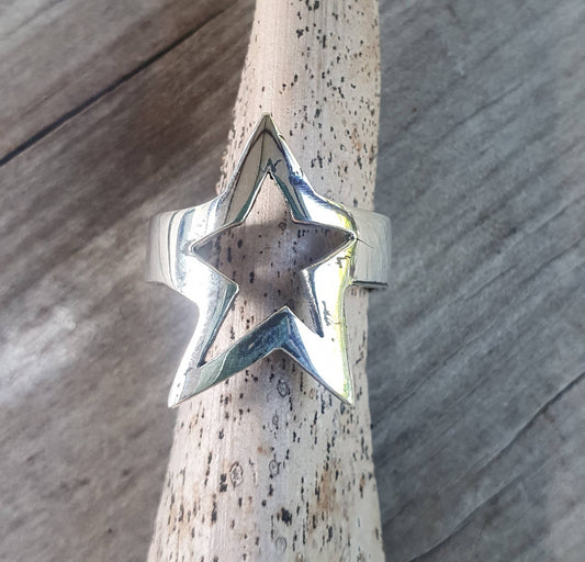 Large star ring,Sterling silver,flat,five pointed star,unisex,boho,hipster,bespoke,