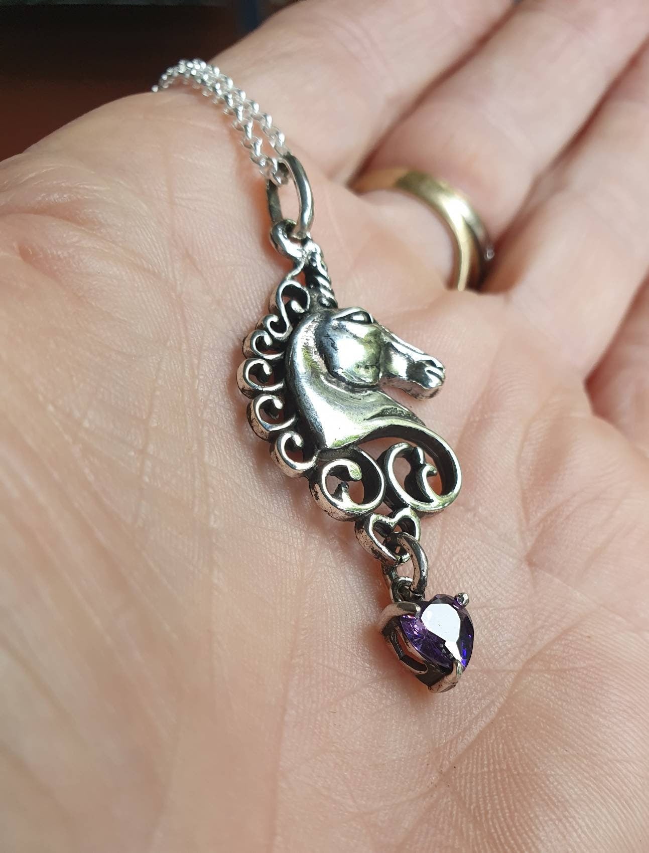 Unicorn pendant,sterling silver,cz heart drop,carousel,mythical horse,fantasy,new age, boho,magic,woodland,fairy tale,