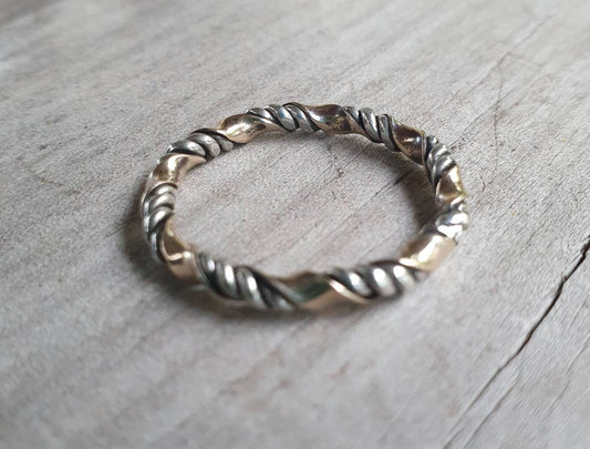 gold twisted ring,two tone,9k gold & sterling silver,handmade,woven, twisted wire ring,mixed metals, Stackerable ring,thin  gold band,fine