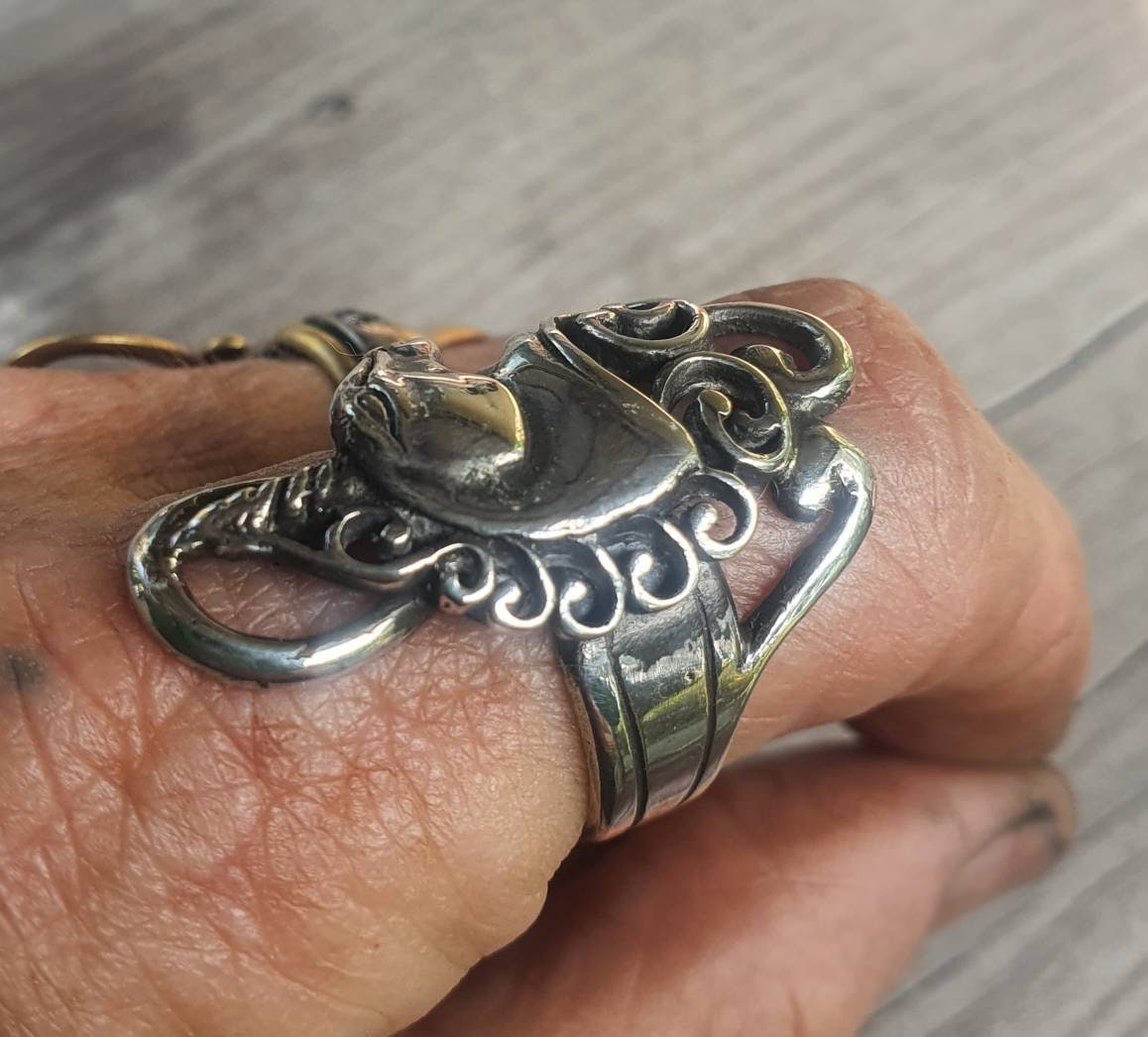 Unicorn ring,sterling silver,long ring,Scrolly haired,mythical horse,fantasy ring,new age, boho,hippy,art nouveau,magic,woodland,fairy tale