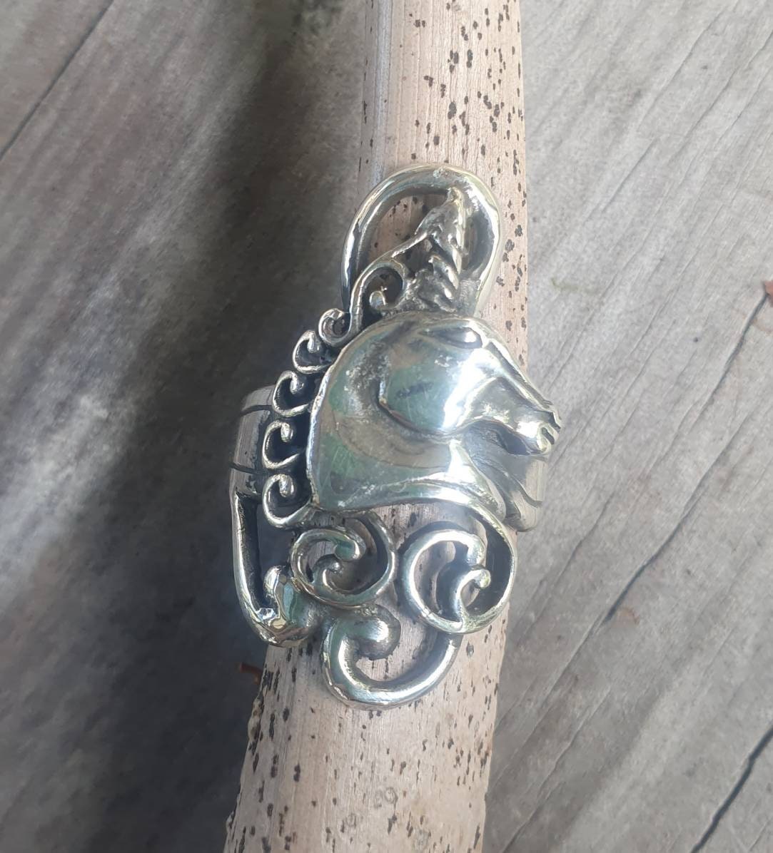 Unicorn ring,sterling silver,long ring,Scrolly haired,mythical horse,fantasy ring,new age, boho,hippy,art nouveau,magic,woodland,fairy tale