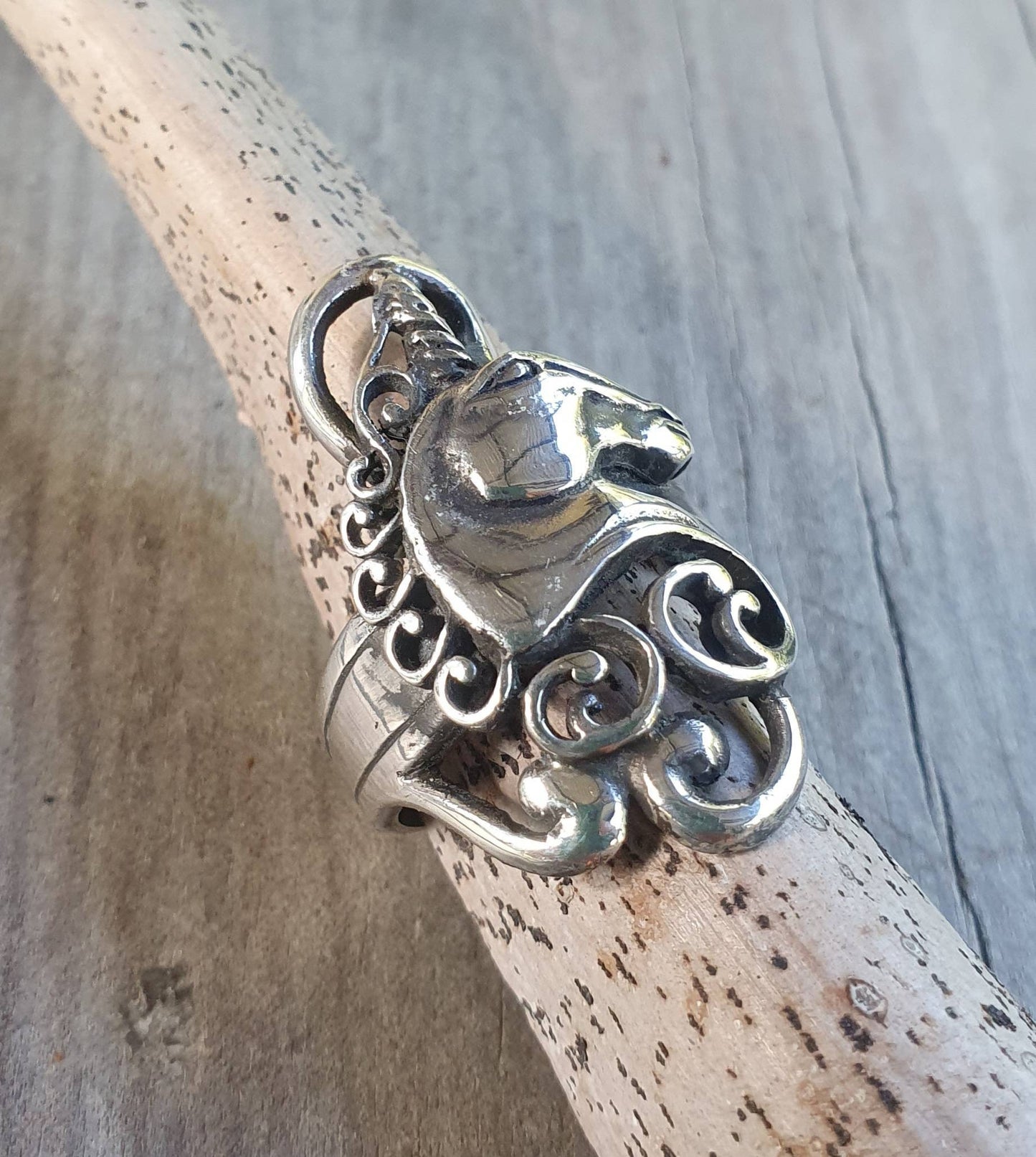 Unicorn ring,sterling silver,long ring,Scrolly haired,mythical horse,fantasy ring,new age, boho,hippy,art nouveau,magic,woodland,fairy tale