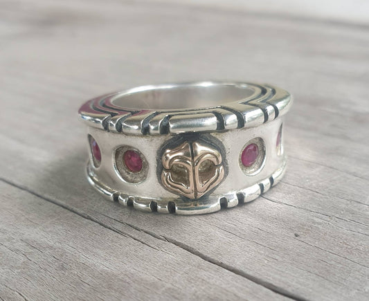 Anchor ring,10k gold anchor,rubies in sterling silver ring,chunky,two tone anchor, ruby,nautical ring,handmade, pirate,sailor,marine,surfer,