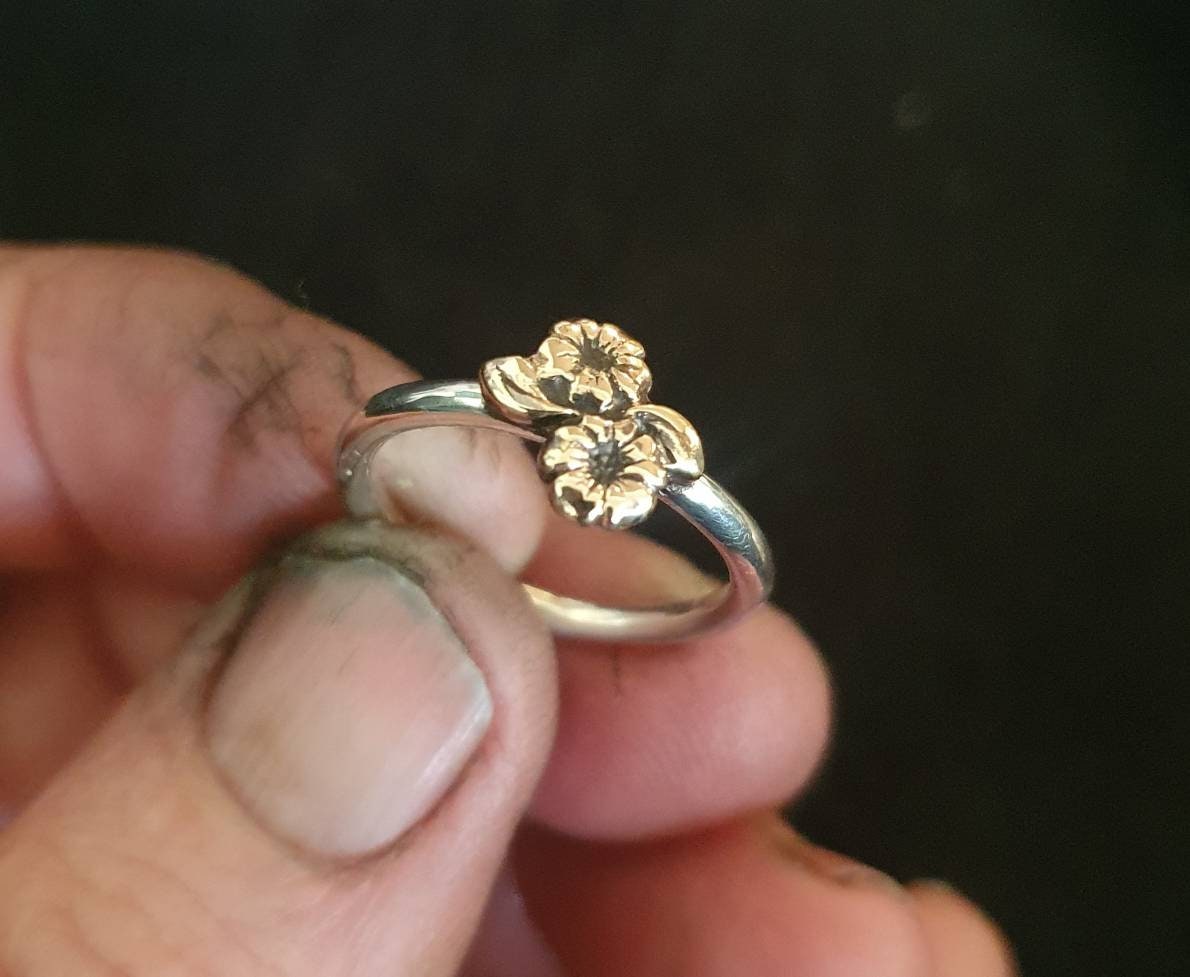 Two tone flower stacking ring solid 9k gold and sterling silver thin 9ct gold mixed metal stacker band stackable