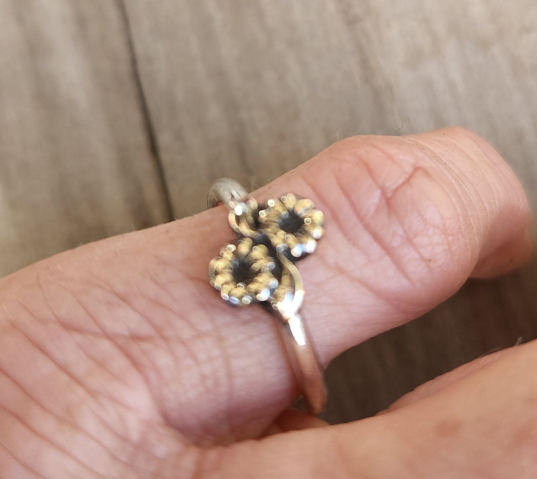 Two tone flower stacking ring solid 9k gold and sterling silver thin 9ct gold mixed metal stacker band stackable