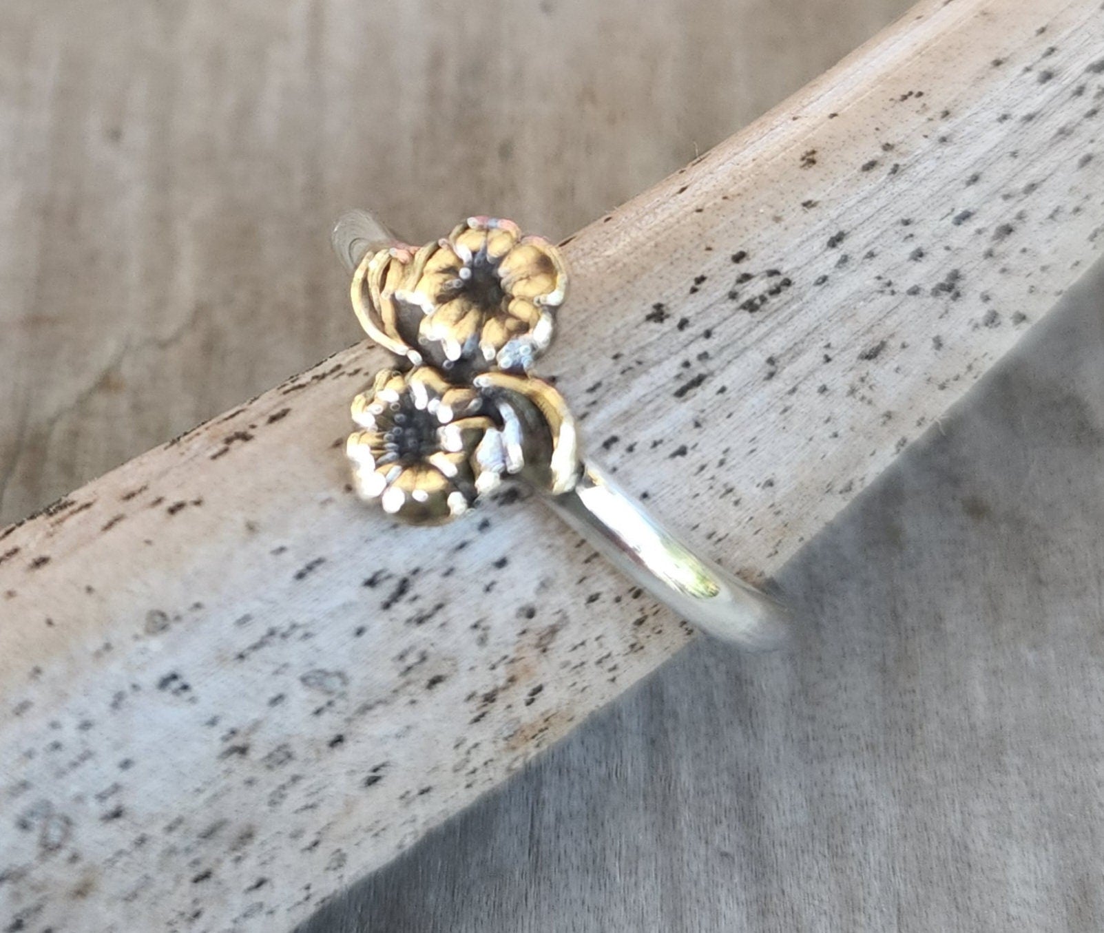 Two tone flower stacking ring solid 9k gold and sterling silver thin 9ct gold mixed metal stacker band stackable