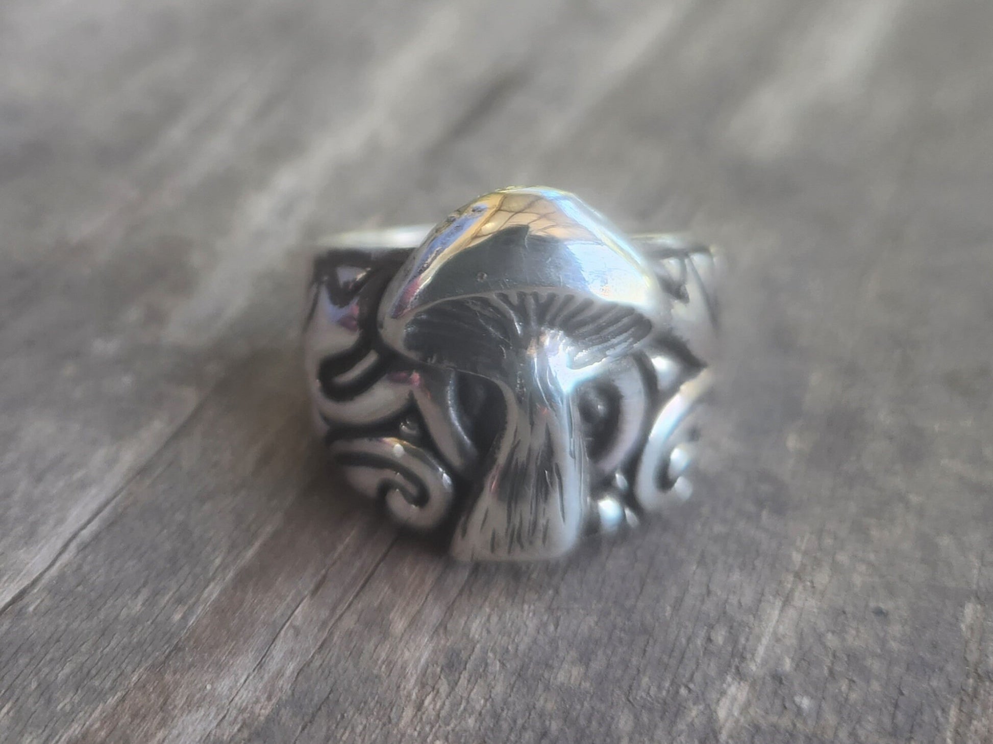 Mushroom ring,sterling silver,tribal,pagan,wide scroll,handmade,toadstill ring,medievil,wedding ring