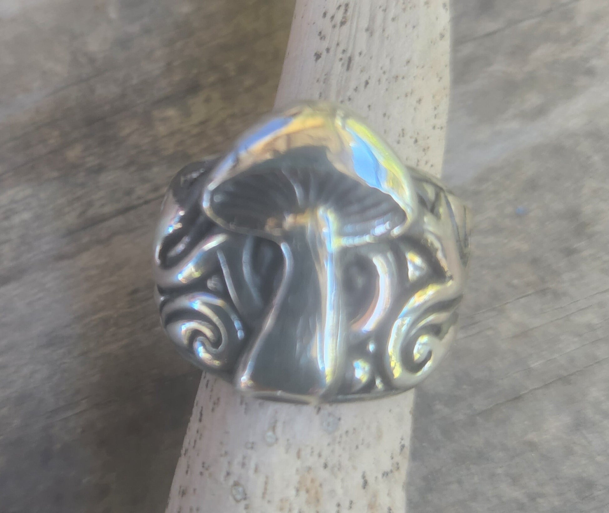 Mushroom ring,sterling silver,tribal,pagan,wide scroll,handmade,toadstill ring,medievil,wedding ring