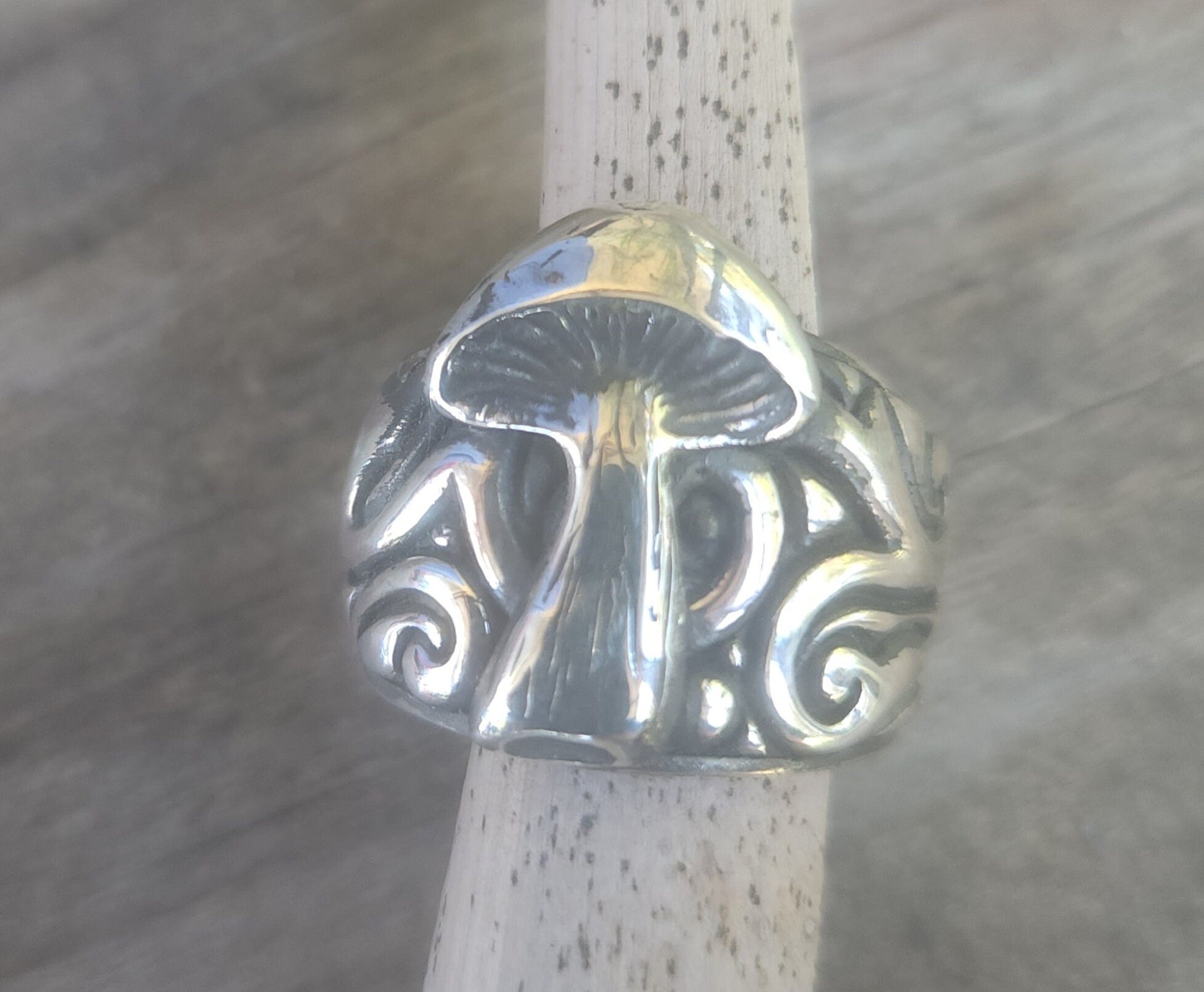 Mushroom ring,sterling silver,tribal,pagan,wide scroll,handmade,toadstill ring,medievil,wedding ring