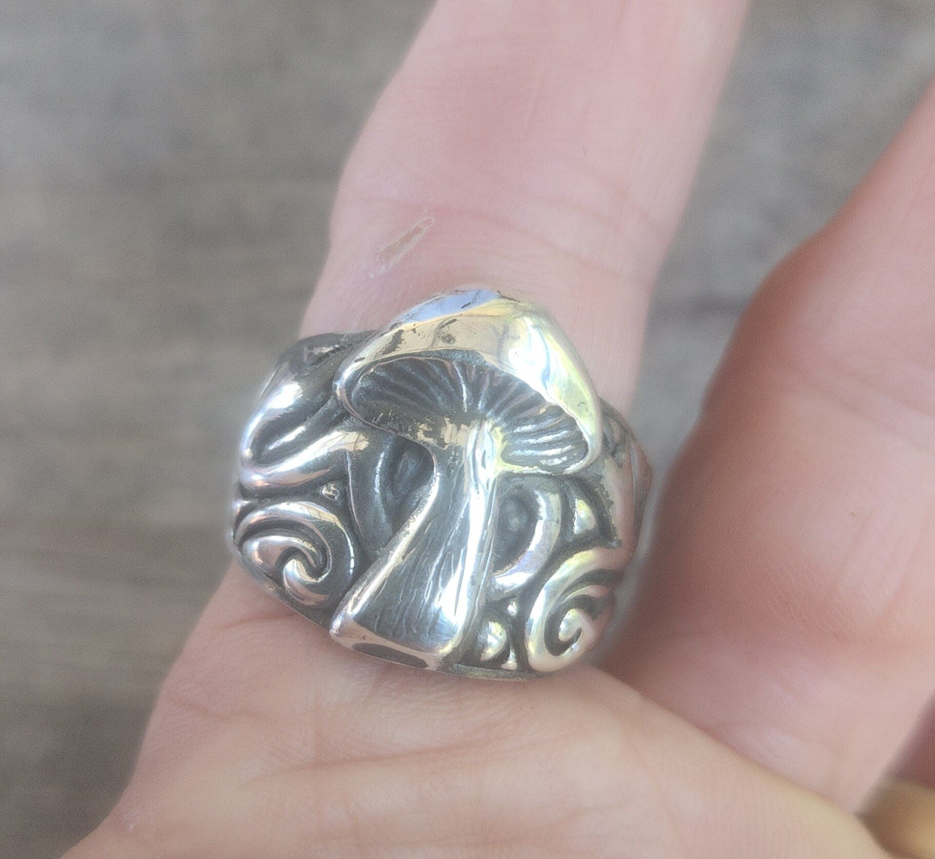 Mushroom ring,sterling silver,tribal,pagan,wide scroll,handmade,toadstill ring,medievil,wedding ring