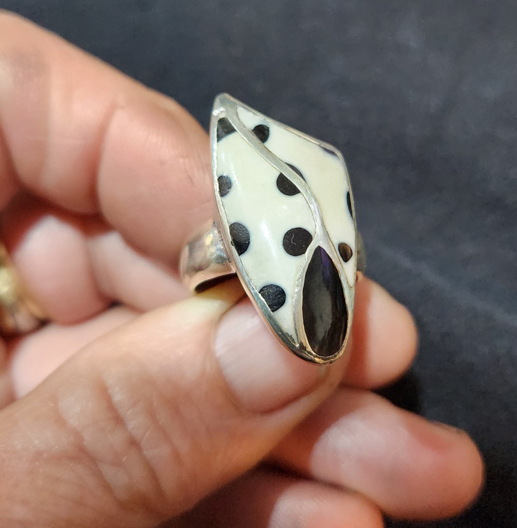 Long ring,inlay,sterling silver,shell inlay,boho, goddess ring,new age,shell ring,mosaic,chunky ring,gypsy,large silver ring,