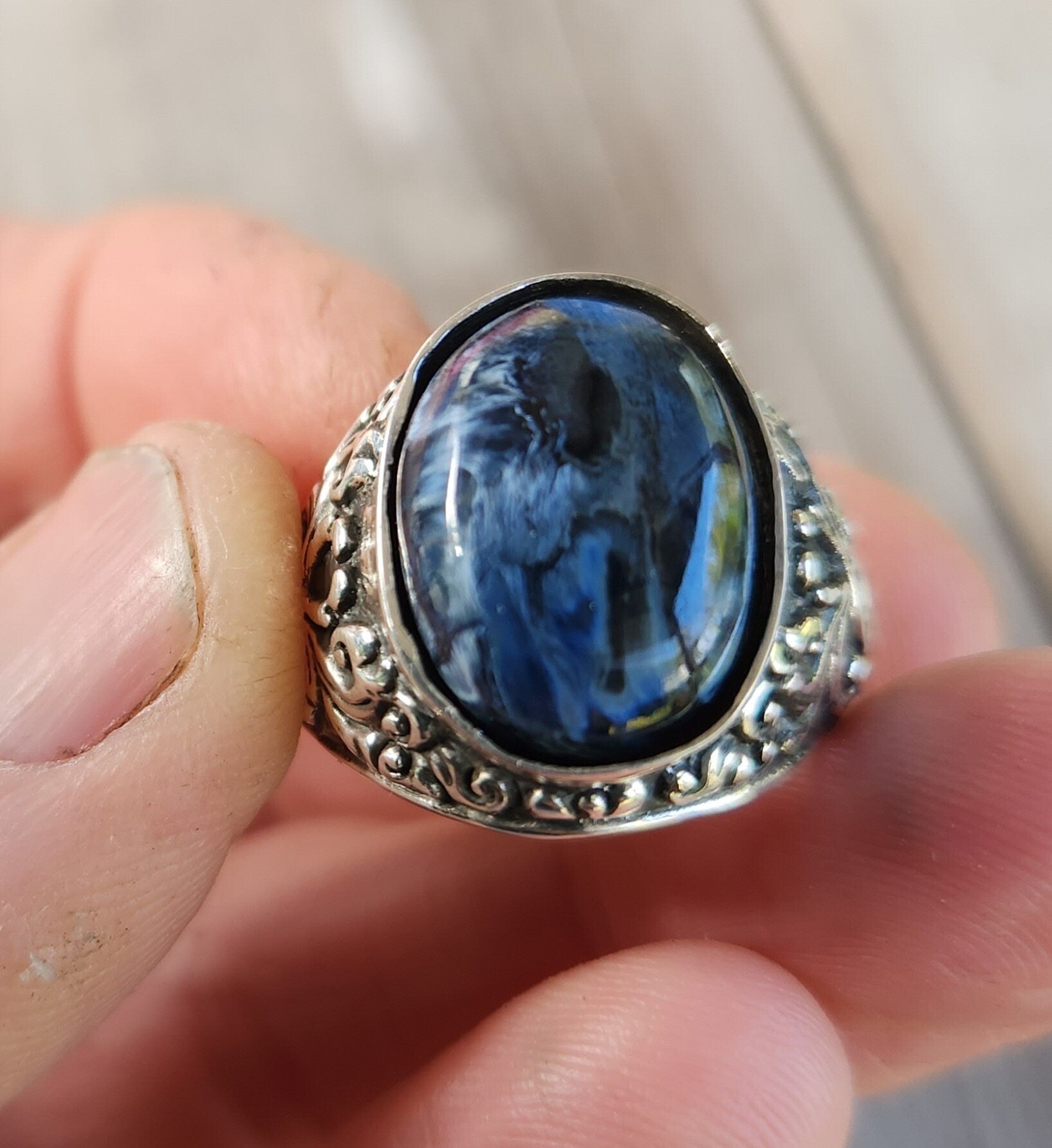 Tigers eye ring,sterling silver,blue grey stone,mens ring,wedding dress ring, antique scroll,boho,vintage,onyx gemstone ring,unisex