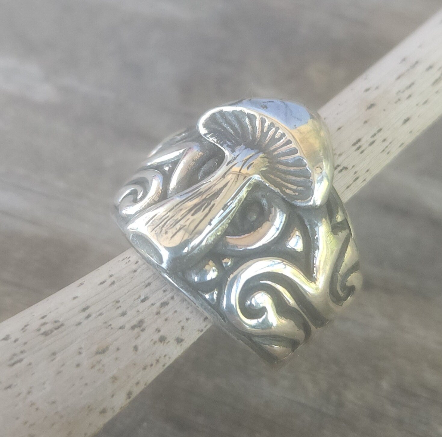 Mushroom ring,sterling silver,tribal,pagan,wide scroll,handmade,toadstill ring,medievil,wedding ring