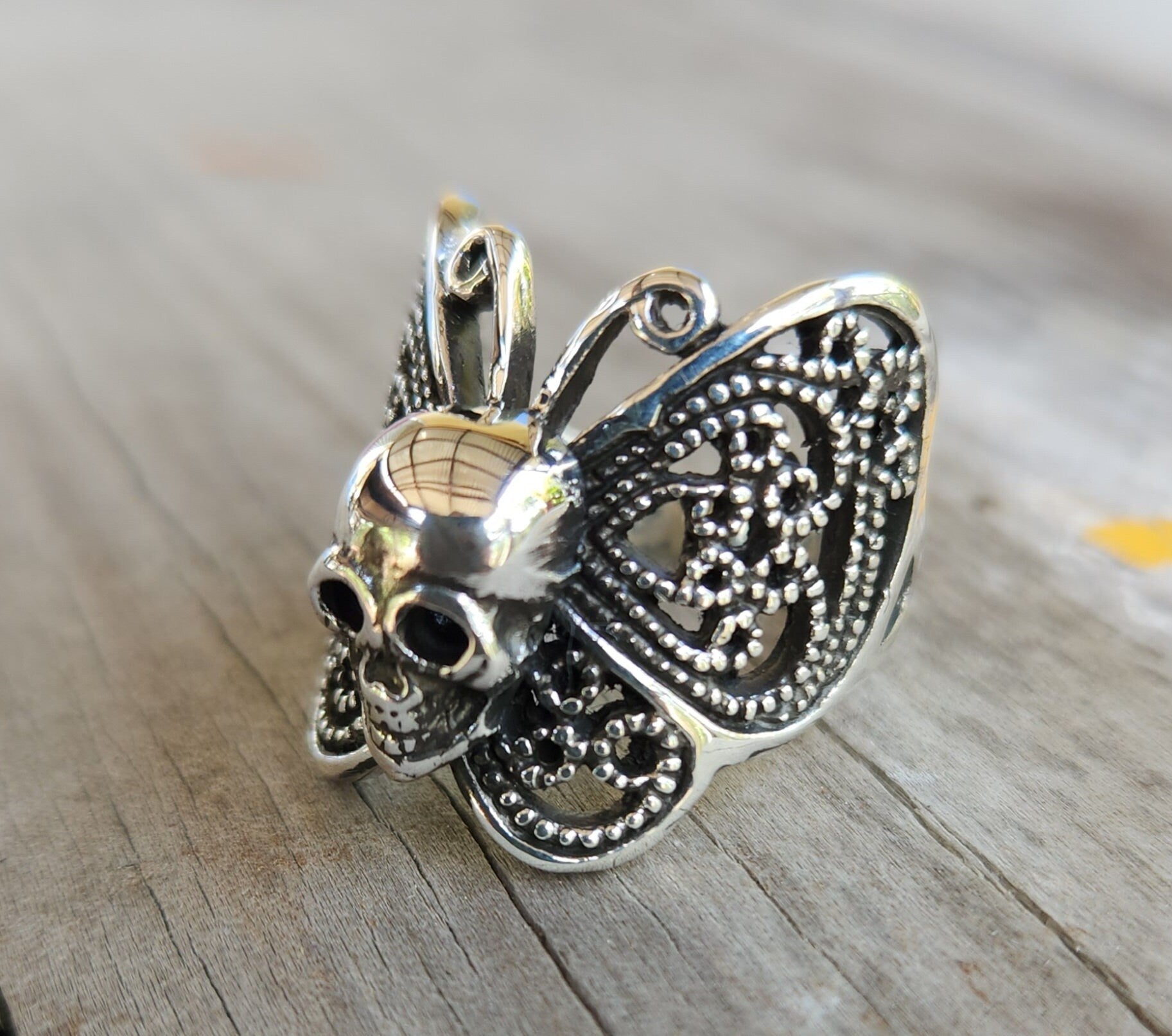 skull butterfly ring,sterling silver,filegree,large butterfly ring,handmade,womens skull ring,rockabilly,steampunk gothic,grunge,boho,gypsy,
