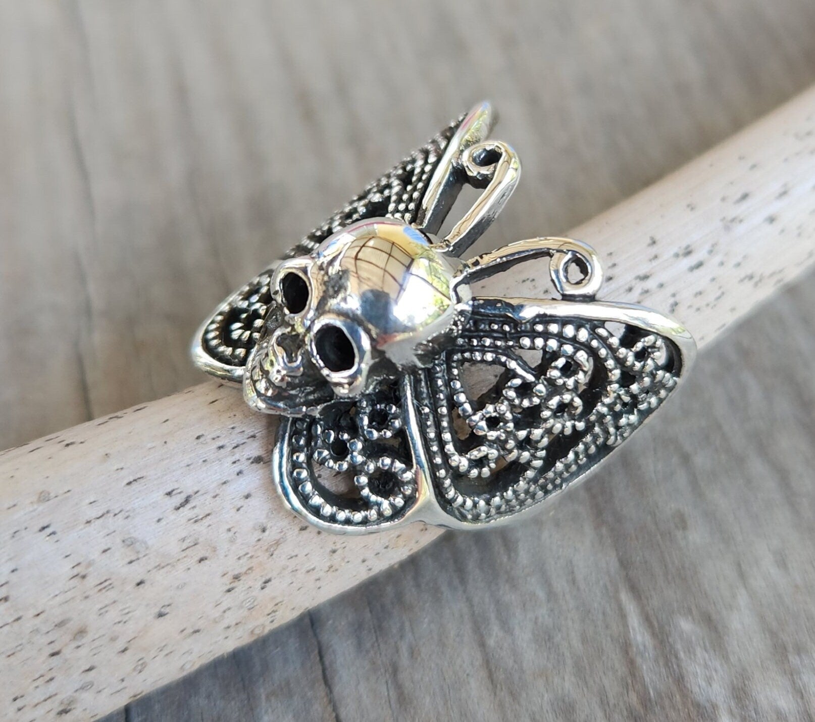 skull butterfly ring,sterling silver,filegree,large butterfly ring,handmade,womens skull ring,rockabilly,steampunk gothic,grunge,boho,gypsy,