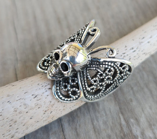 skull butterfly ring,sterling silver,filegree,large butterfly ring,handmade,womens skull ring,rockabilly,steampunk gothic,grunge,boho,gypsy,