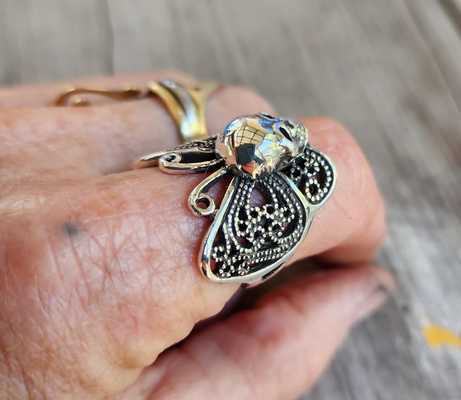 skull butterfly ring,sterling silver,filegree,large butterfly ring,handmade,womens skull ring,rockabilly,steampunk gothic,grunge,boho,gypsy,