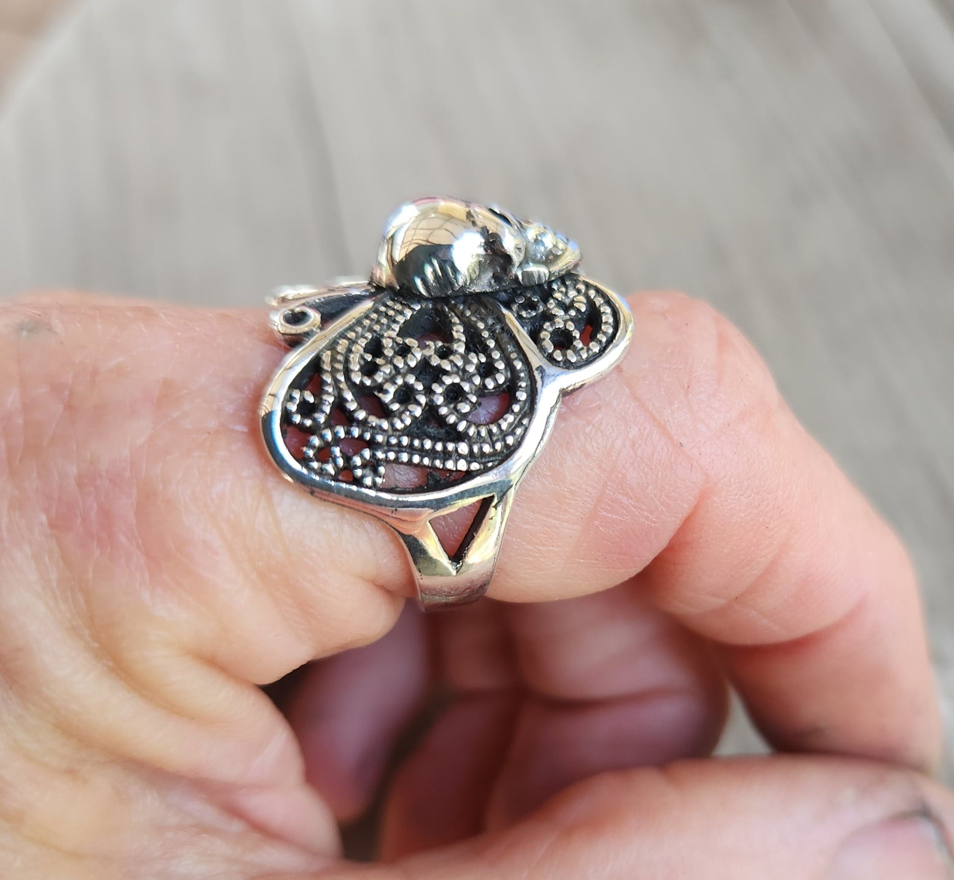 skull butterfly ring,sterling silver,filegree,large butterfly ring,handmade,womens skull ring,rockabilly,steampunk gothic,grunge,boho,gypsy,