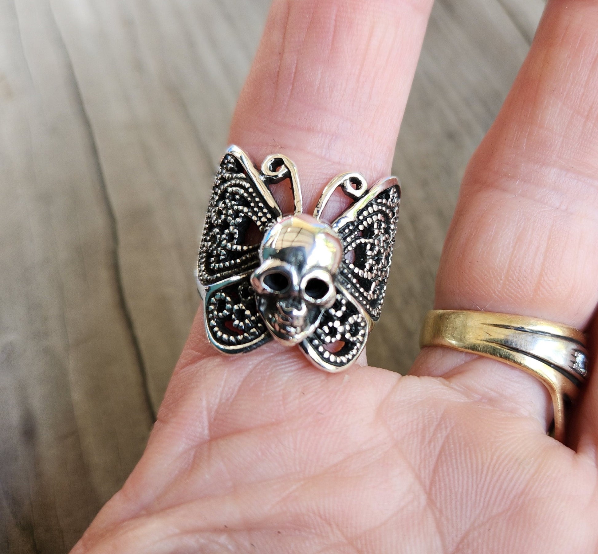 skull butterfly ring,sterling silver,filegree,large butterfly ring,handmade,womens skull ring,rockabilly,steampunk gothic,grunge,boho,gypsy,