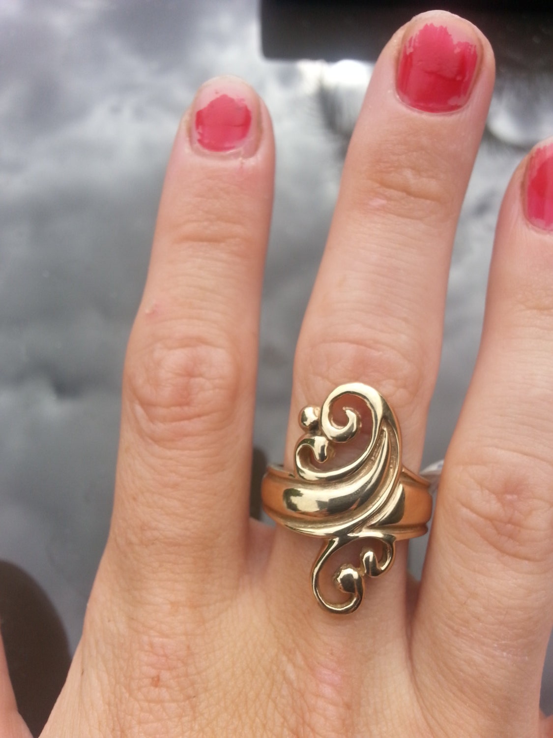 gold scroll ring,9ct,long swirl ring,boho, alternative steampunk ,gothic art nouveau,celtic, tribal swirl