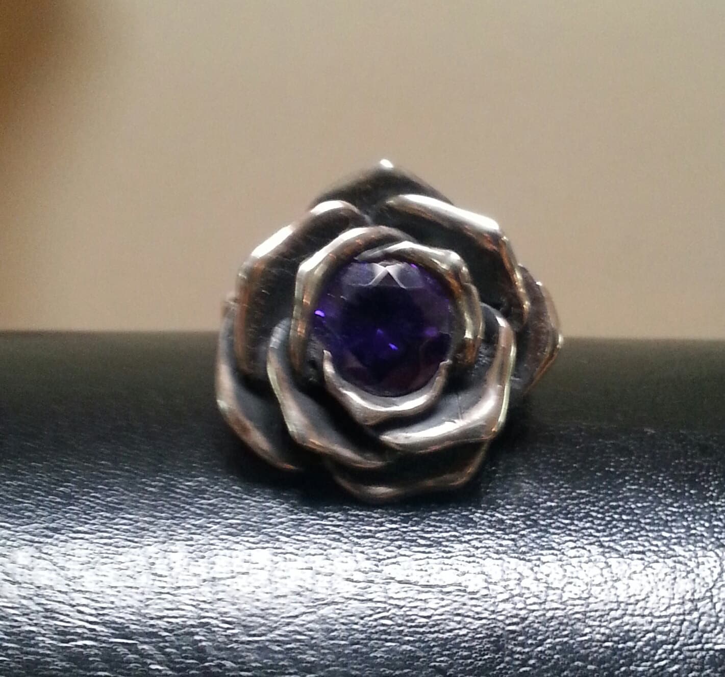 Large rose ring,sterling silver,chunky,purple cz,cubic zirconia, steampunk gothic art nouveau victorian punk