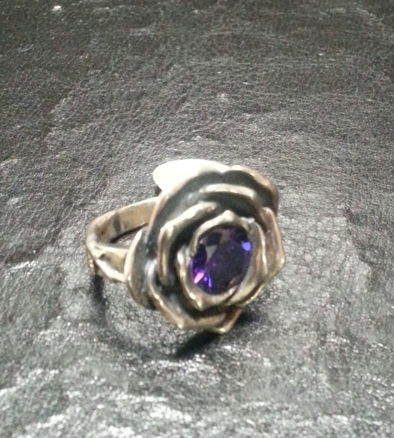 Large rose ring,sterling silver,chunky,purple cz,cubic zirconia, steampunk gothic art nouveau victorian punk