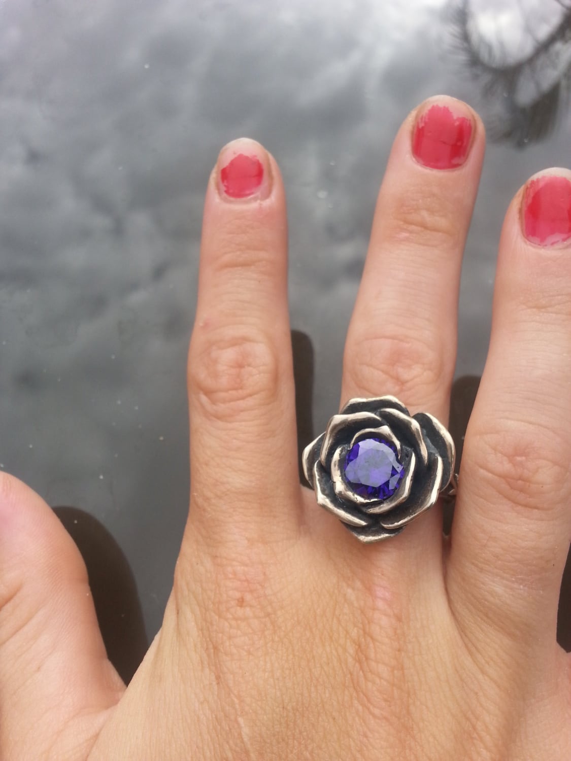 Large rose ring,sterling silver,chunky,purple cz,cubic zirconia, steampunk gothic art nouveau victorian punk