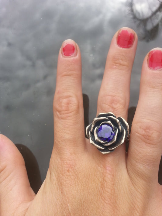 Large rose ring,sterling silver,chunky,purple cz,cubic zirconia, steampunk gothic art nouveau victorian punk