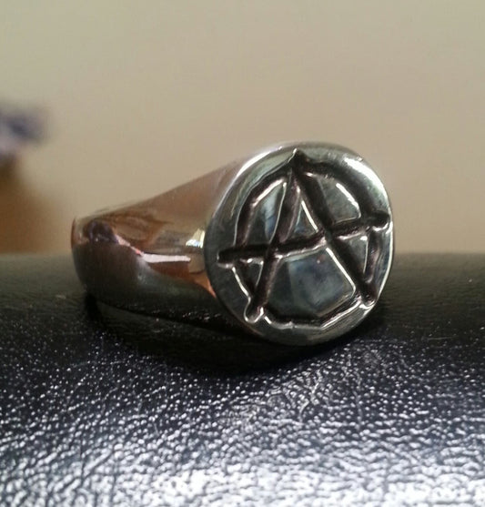 Anarchy ring,small, round top, sterling silver, signet,pinkie ring, punk,alternative, steampunk,handmade,sid vicious,rebel,biker,
