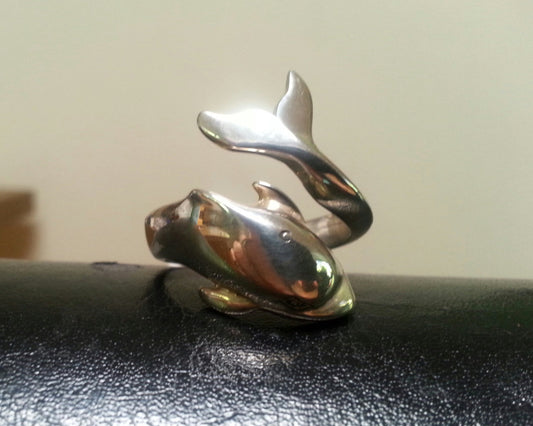 Large dolphin ring,925 sterling silver,adjustable porpous surf wrap around ring