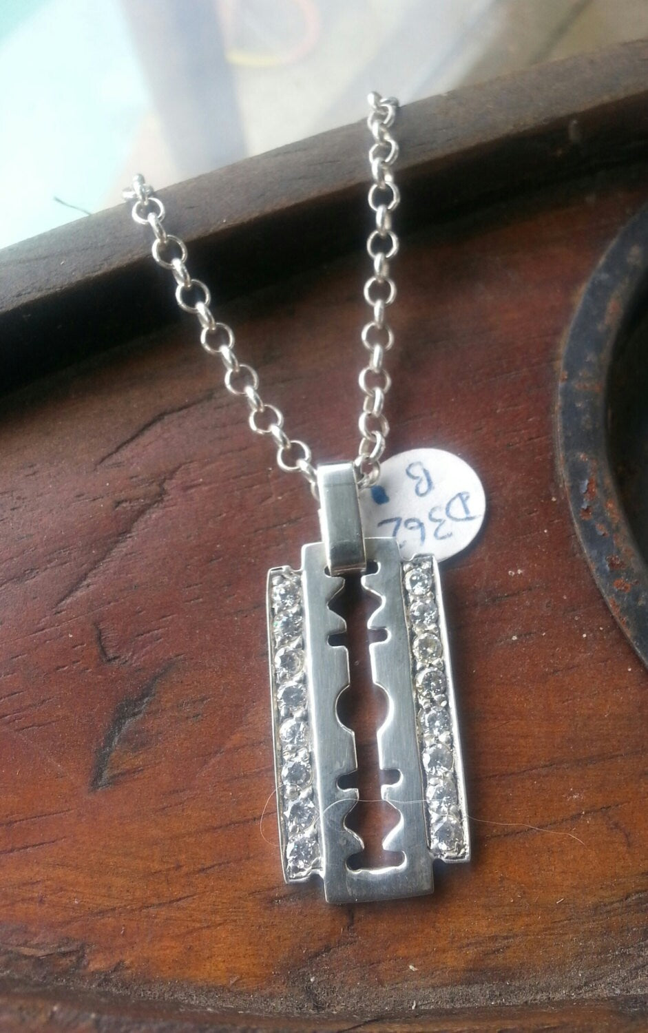 Razor blade pendnt,sterling silver,cubic zirconia, bling pendant