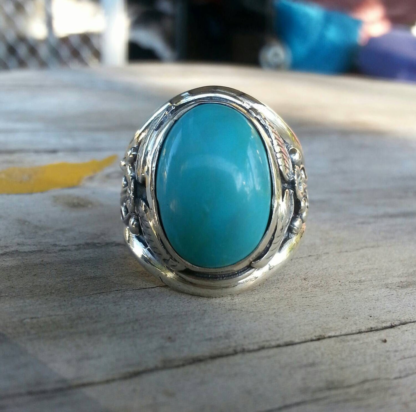 Turquoise ring, sterling silver,mans ring,chunky ring,large dress ring, wedding dress ring antique scroll pattern