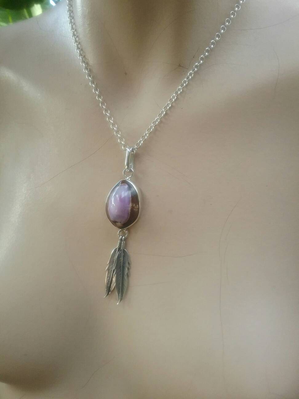 feather lavender shell pendant sterling silver ethnic gypsy hippy boho