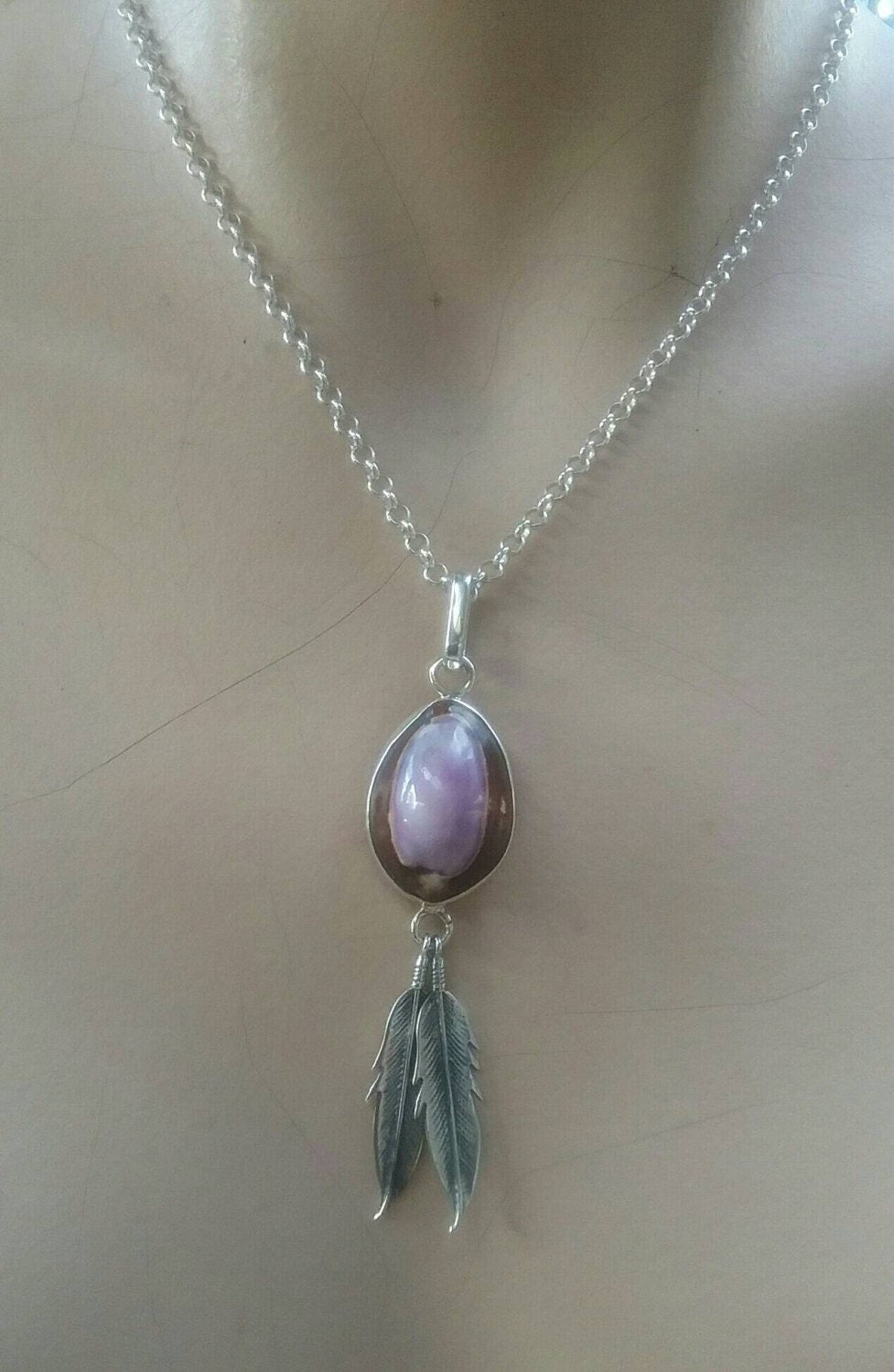 feather lavender shell pendant sterling silver ethnic gypsy hippy boho