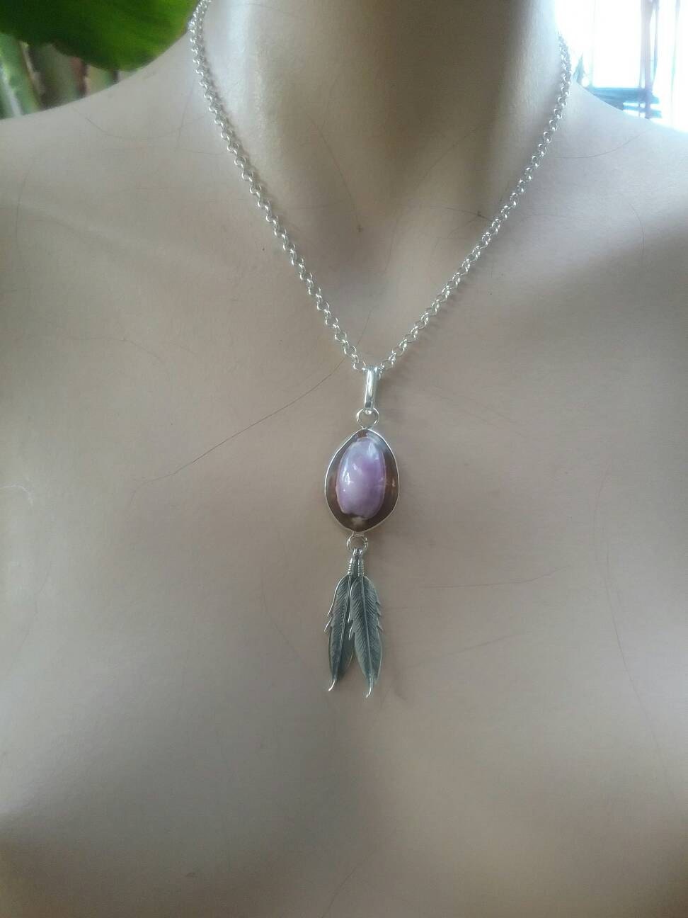 feather lavender shell pendant sterling silver ethnic gypsy hippy boho