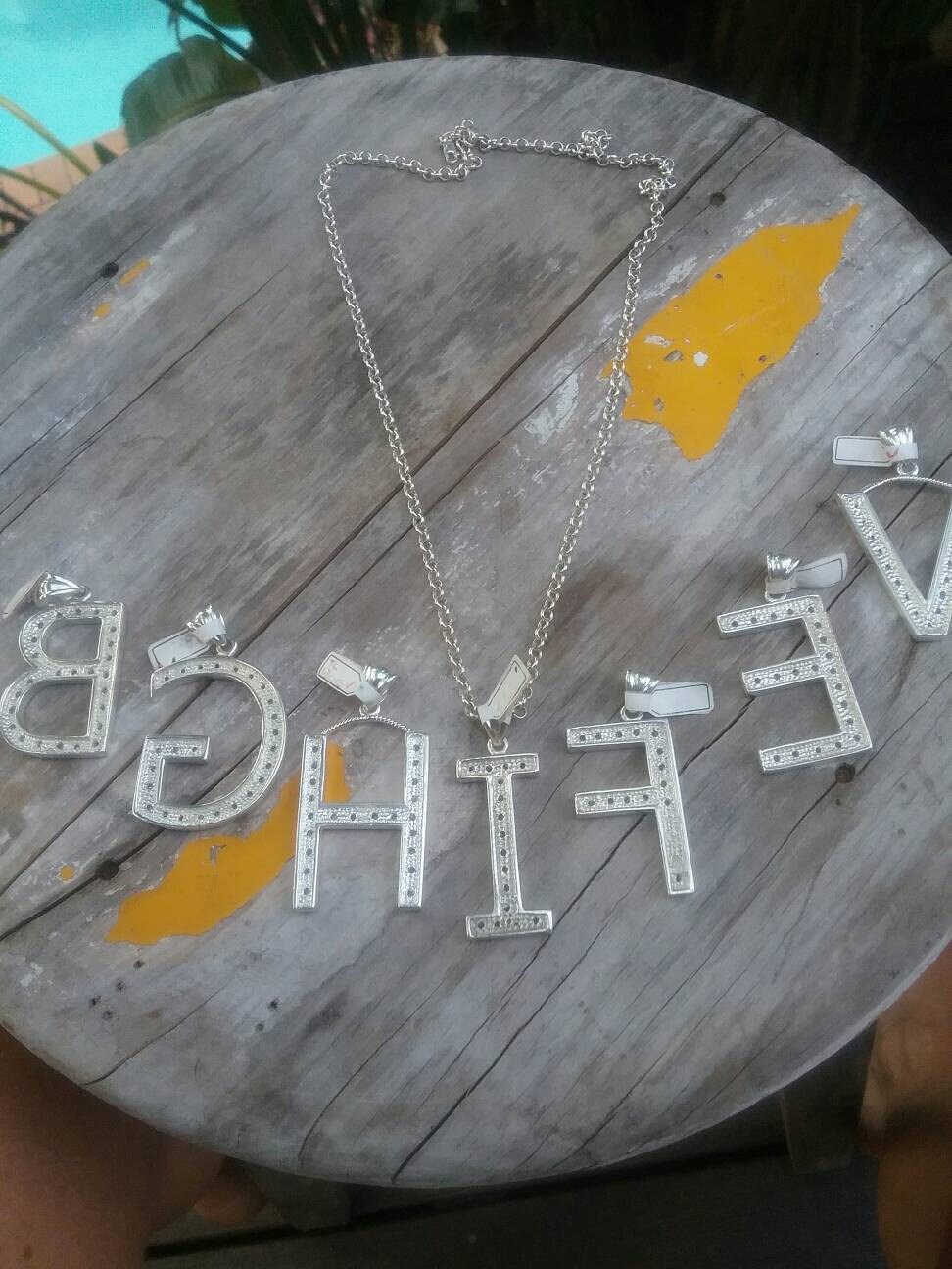 Large letter I alphabet bling pendant gangster necklace sterling silver