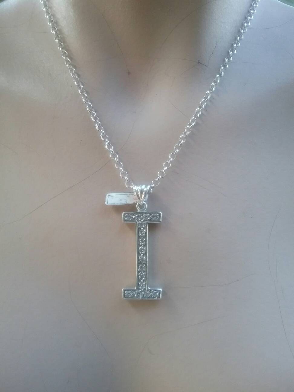 Large letter I alphabet bling pendant gangster necklace sterling silver
