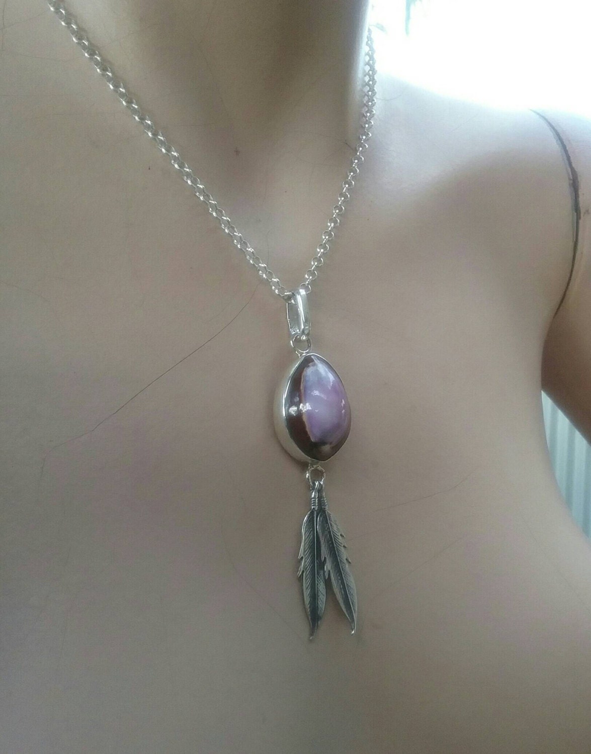 feather lavender shell pendant sterling silver ethnic gypsy hippy boho