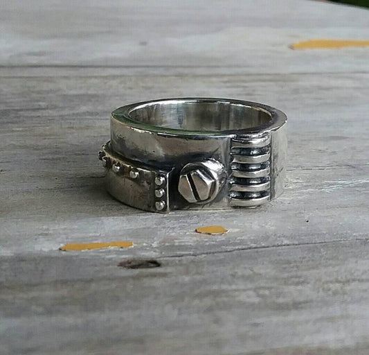 Chunky Mechanical ring,industrial,mans sterling silver,steampunk ring,heavy modern ring,rustic,wedding band